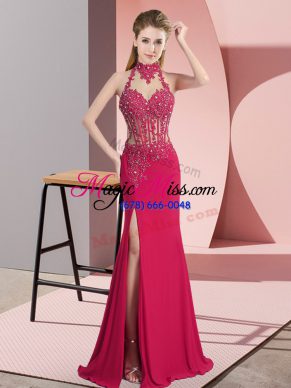 Hot Selling Sleeveless Chiffon Floor Length Backless Prom Dresses in Hot Pink with Beading