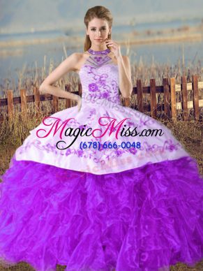 Exceptional Purple Organza Lace Up Halter Top Sleeveless Floor Length Quinceanera Gowns Court Train Embroidery and Ruffles