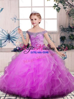 Wonderful Lilac Little Girl Pageant Gowns Party and Sweet 16 and Wedding Party with Beading and Ruffles Off The Shoulder Sleeveless Lace Up