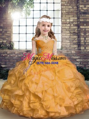 Floor Length Gold Girls Pageant Dresses Straps Sleeveless Lace Up