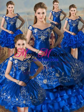 New Arrival Royal Blue Off The Shoulder Lace Up Embroidery and Ruffled Layers Ball Gown Prom Dress Sleeveless