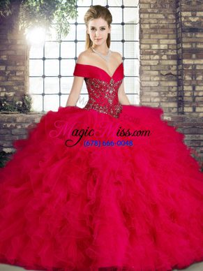 Fantastic Beading and Ruffles Quinceanera Gowns Red Lace Up Sleeveless Floor Length