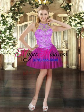 Popular Fuchsia Lace Up Homecoming Party Dress Beading Sleeveless Mini Length