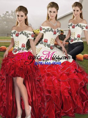Sleeveless Organza Floor Length Lace Up Sweet 16 Dresses in White And Red with Embroidery and Ruffles