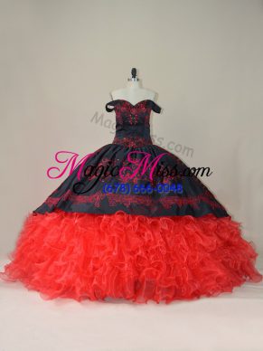 New Arrival Brush Train Ball Gowns Quinceanera Gown Red And Black Off The Shoulder Satin and Organza Sleeveless Lace Up
