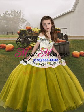 Olive Green Lace Up Child Pageant Dress Embroidery Sleeveless Floor Length