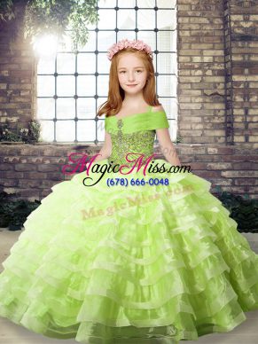Beautiful Yellow Green Ball Gowns Organza Straps Sleeveless Beading and Ruffled Layers Lace Up Girls Pageant Dresses Brush Train