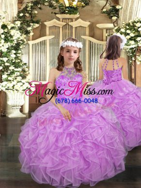 Custom Design Lilac Ball Gowns Organza Halter Top Sleeveless Beading and Ruffles Floor Length Lace Up Little Girls Pageant Dress