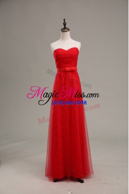Red Zipper Sweetheart Ruching and Belt Prom Evening Gown Tulle Sleeveless