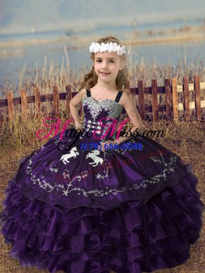 Excellent Purple Straps Lace Up Embroidery and Ruffled Layers Kids Formal Wear Sleeveless