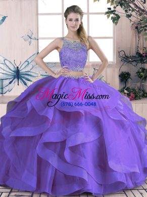 Shining Tulle Scoop Sleeveless Lace Up Beading and Ruffles Quinceanera Gowns in Purple