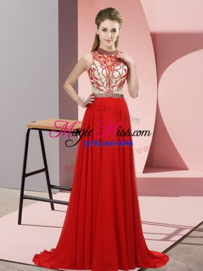 Red Sleeveless Beading Backless Prom Party Dress