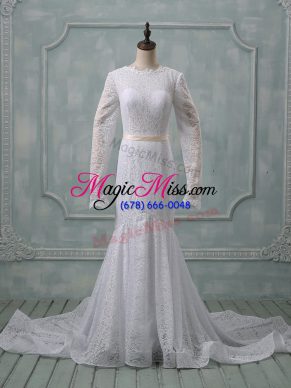 White Backless Scoop Lace and Belt Wedding Dress Lace Long Sleeves Court Train