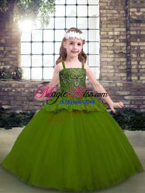 Superior Olive Green Kids Formal Wear Party and Military Ball with Beading Straps Sleeveless Lace Up