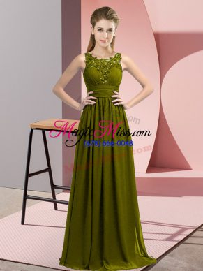 Sleeveless Floor Length Beading and Appliques Zipper Bridesmaids Dress with Olive Green
