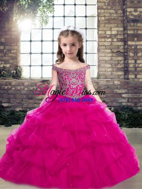 Pretty Floor Length Fuchsia Kids Formal Wear Off The Shoulder Sleeveless Lace Up
