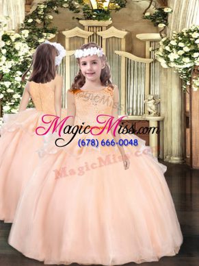 Low Price Scoop Sleeveless Kids Pageant Dress Floor Length Lace Peach Organza