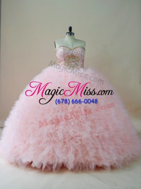 Sleeveless Tulle Brush Train Lace Up Quinceanera Dresses in Baby Pink with Beading and Ruffles