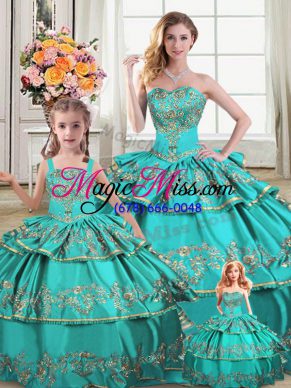 Organza Sweetheart Sleeveless Lace Up Embroidery and Ruffled Layers 15th Birthday Dress in Aqua Blue
