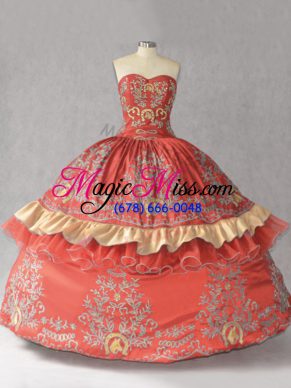 Rust Red Satin and Organza Lace Up Sweetheart Sleeveless Floor Length Vestidos de Quinceanera Embroidery and Bowknot