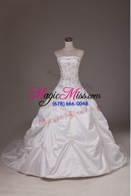 Great White Ball Gowns Taffeta Strapless Sleeveless Beading and Pick Ups Lace Up Wedding Gowns Brush Train