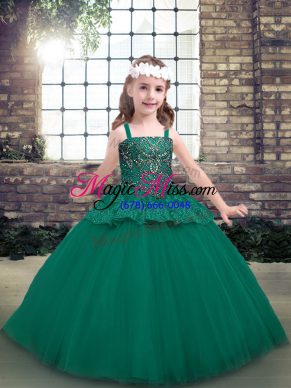 Custom Designed Green Lace Up Evening Gowns Beading Sleeveless Floor Length