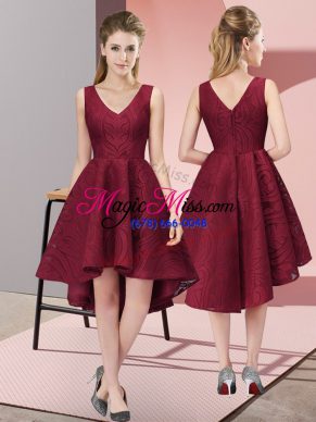 Noble Burgundy Sleeveless Lace High Low Bridesmaids Dress