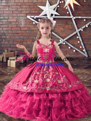 Custom Design Floor Length Hot Pink Little Girl Pageant Dress Straps Sleeveless Lace Up