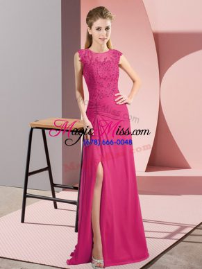 Hot Pink Empire Chiffon Scoop Sleeveless Beading Floor Length Zipper Homecoming Dress