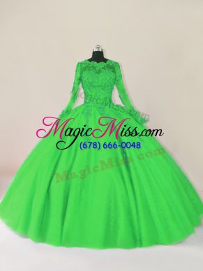 Green Long Sleeves Lace Floor Length Sweet 16 Dresses