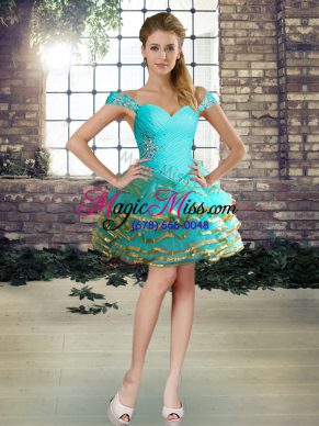 Ball Gowns Cocktail Dresses Aqua Blue Off The Shoulder Organza Sleeveless Mini Length Lace Up