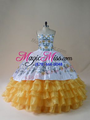 Fashion Floor Length Ball Gowns Sleeveless Yellow And White Vestidos de Quinceanera Lace Up
