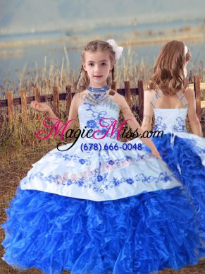 Cute Beading and Embroidery and Ruffles Kids Pageant Dress Blue And White Lace Up Sleeveless Floor Length