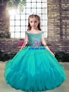 Custom Fit Aqua Blue Sleeveless Tulle Lace Up Pageant Dress Toddler for Party and Wedding Party
