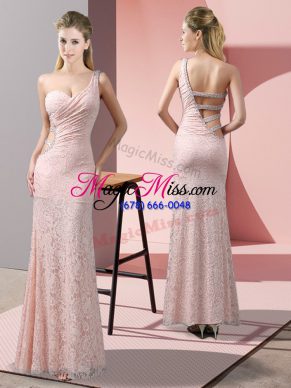 Baby Pink Column/Sheath Lace One Shoulder Sleeveless Beading and Lace Floor Length Criss Cross
