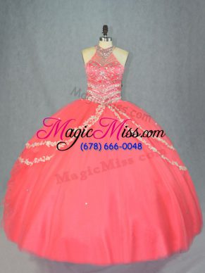 Extravagant Watermelon Red Ball Gowns Halter Top Sleeveless Tulle Floor Length Lace Up Beading and Ruffles Quince Ball Gowns