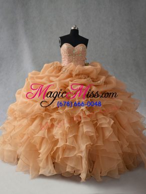 Gold Ball Gowns Beading and Ruffles and Pick Ups Sweet 16 Dresses Lace Up Organza Sleeveless Floor Length
