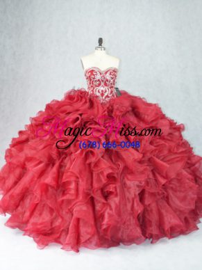 Traditional Burgundy Quince Ball Gowns Sweet 16 and Quinceanera with Beading and Ruffles Sweetheart Sleeveless Lace Up