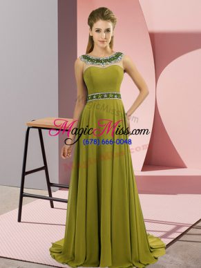 Sleeveless Beading Zipper Prom Gown with Olive Green Brush Train