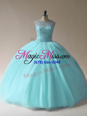 Beading Quinceanera Gowns Aqua Blue Lace Up Sleeveless Floor Length