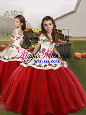Custom Fit Red Ball Gowns Spaghetti Straps Sleeveless Embroidery Floor Length Lace Up Kids Pageant Dress
