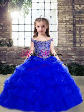 Nice Royal Blue Organza Lace Up Scoop Sleeveless Floor Length Little Girl Pageant Dress Beading and Pick Ups