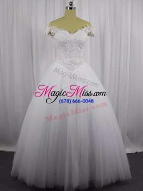 Customized White Off The Shoulder Lace Up Beading and Lace Bridal Gown Sleeveless