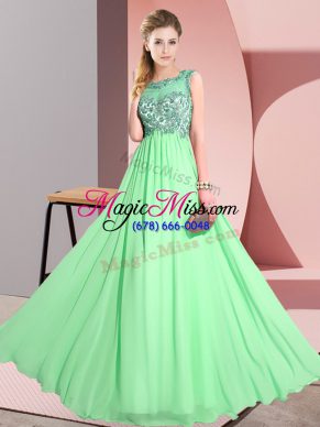 Great Floor Length Green Bridesmaid Gown Chiffon Sleeveless Beading and Appliques