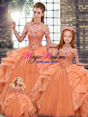 Colorful Ball Gowns Quinceanera Gowns Orange Halter Top Organza Sleeveless Floor Length Lace Up