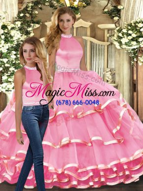 Sweet Floor Length Pink 15 Quinceanera Dress Organza Sleeveless Ruffled Layers