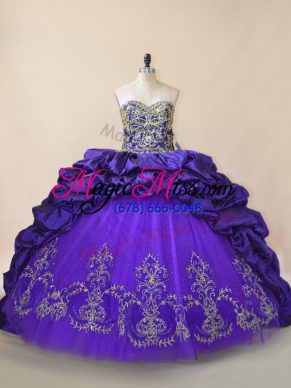 Gorgeous Sleeveless Satin and Organza Brush Train Lace Up Vestidos de Quinceanera in Purple with Embroidery and Pick Ups