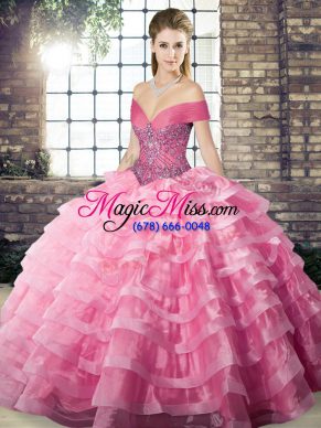 Dynamic Organza Off The Shoulder Sleeveless Brush Train Lace Up Beading and Ruffled Layers Quinceanera Dresses in Rose Pink