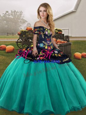 Modest Off The Shoulder Sleeveless Lace Up 15th Birthday Dress Turquoise Tulle
