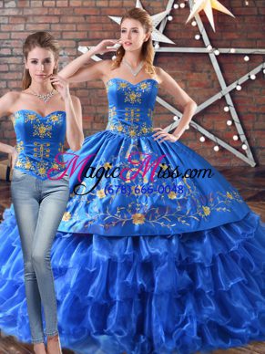 Sleeveless Floor Length Embroidery Lace Up Quinceanera Dresses with Blue
